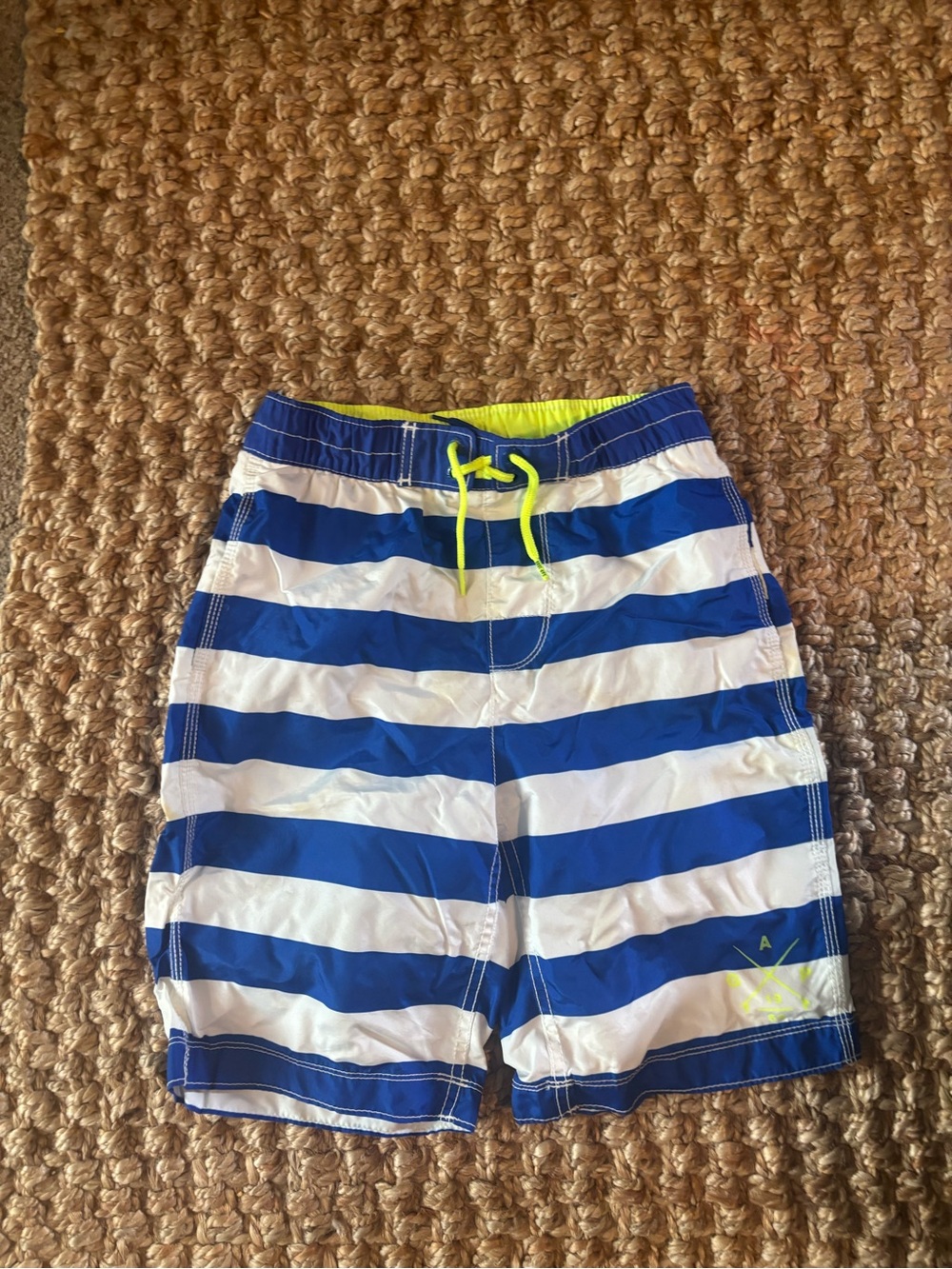 GAP Blue and White Striped Kids Swim Trunks with Neon Yellow Drawstring